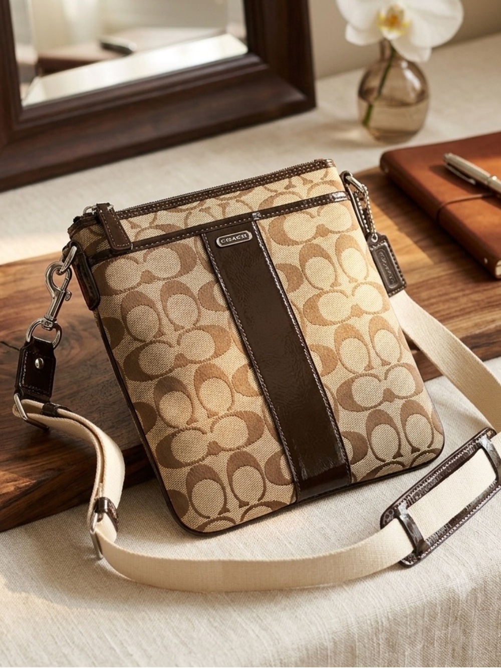 Coach Signature Heritage Stripe Swingback Crossbody – Brown Patent Leather Trim